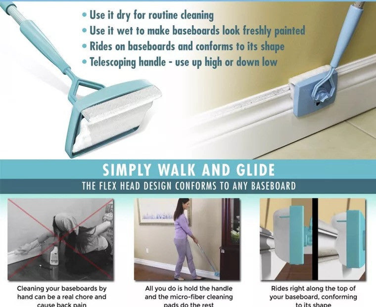 Baseboard Buddy – Retractable Cleaning Tool with Extendable Handle for Floors, Walls & Baseboards