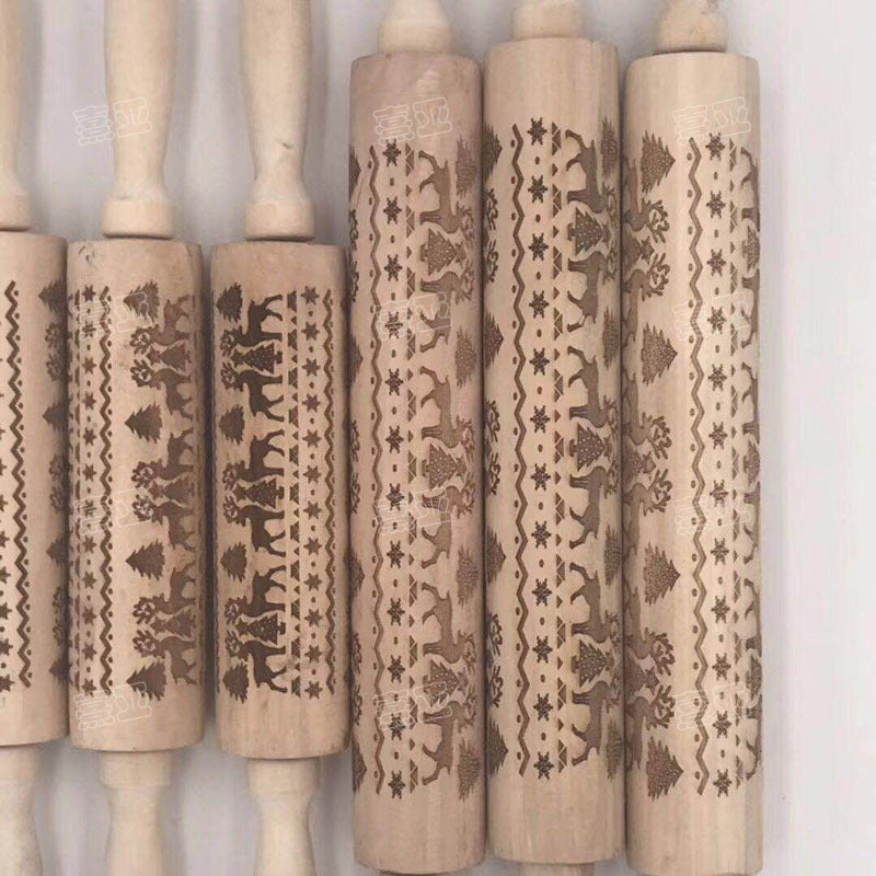 Christmas Embossed Rolling Pin – Animal & Holiday Pattern Laser Engraved | Hemu Wood | Cookie & Dough Roller | Handmade Baking Tool