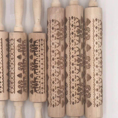 Christmas Embossed Rolling Pin – Animal & Holiday Pattern Laser Engraved | Hemu Wood | Cookie & Dough Roller | Handmade Baking Tool