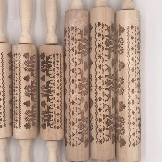 Christmas Embossed Rolling Pin – Animal & Holiday Pattern Laser Engraved | Hemu Wood | Cookie & Dough Roller | Handmade Baking Tool