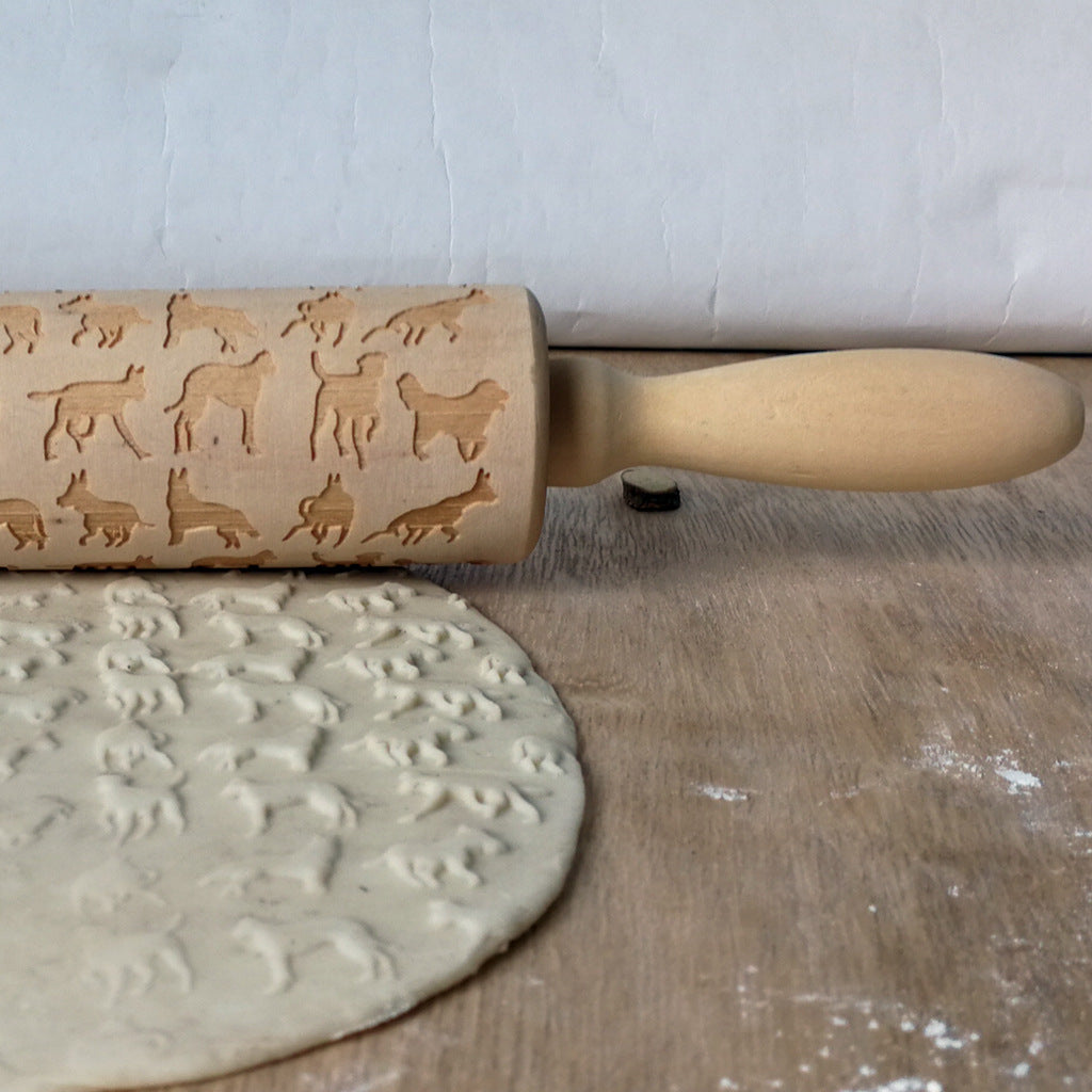 Puppy Pattern Embossed Rolling Pin | Wooden Carving Rolling Pin for Cookies & Baking