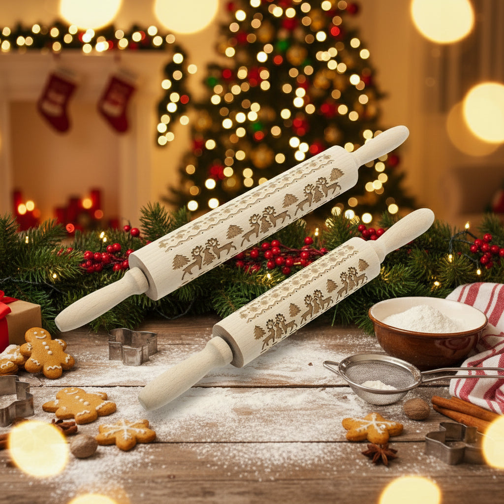Christmas Embossed Rolling Pin – Animal & Holiday Pattern Laser Engraved | Hemu Wood | Cookie & Dough Roller | Handmade Baking Tool
