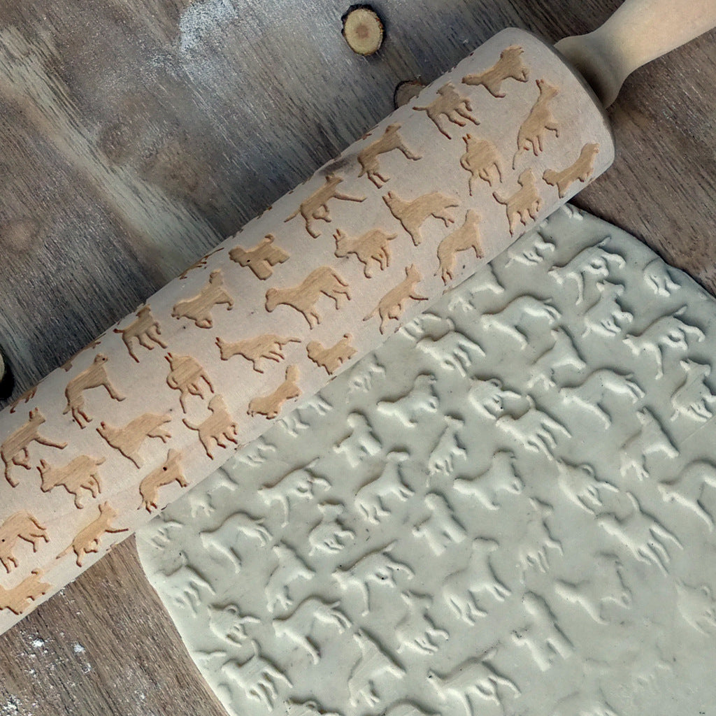 Puppy Pattern Embossed Rolling Pin | Wooden Carving Rolling Pin for Cookies & Baking