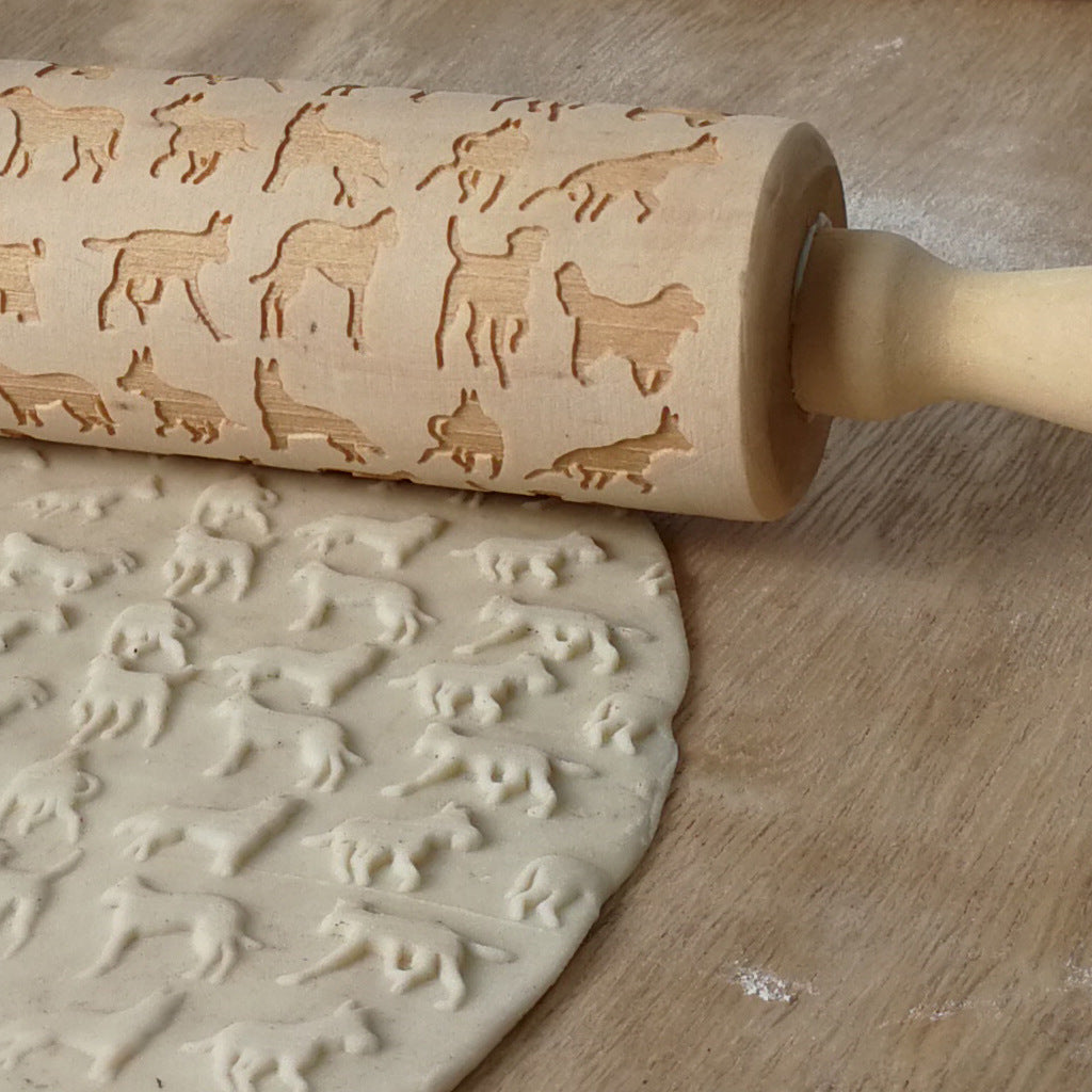 Puppy Pattern Embossed Rolling Pin | Wooden Carving Rolling Pin for Cookies & Baking