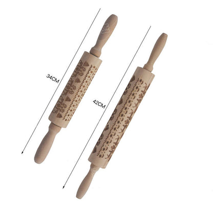 Christmas Embossed Rolling Pin – Animal & Holiday Pattern Laser Engraved | Hemu Wood | Cookie & Dough Roller | Handmade Baking Tool
