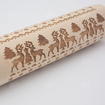 Christmas Embossed Rolling Pin – Animal & Holiday Pattern Laser Engraved | Hemu Wood | Cookie & Dough Roller | Handmade Baking Tool