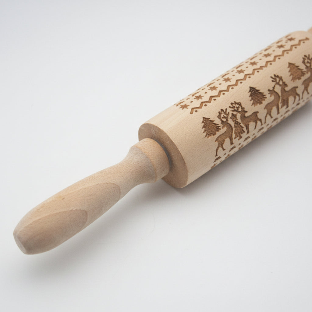 Christmas Embossed Rolling Pin – Animal & Holiday Pattern Laser Engraved | Hemu Wood | Cookie & Dough Roller | Handmade Baking Tool