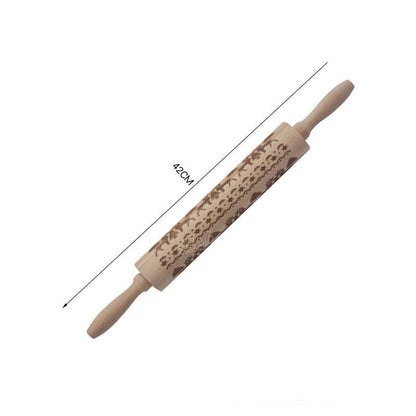 Christmas Embossed Rolling Pin – Animal & Holiday Pattern Laser Engraved | Hemu Wood | Cookie & Dough Roller | Handmade Baking Tool