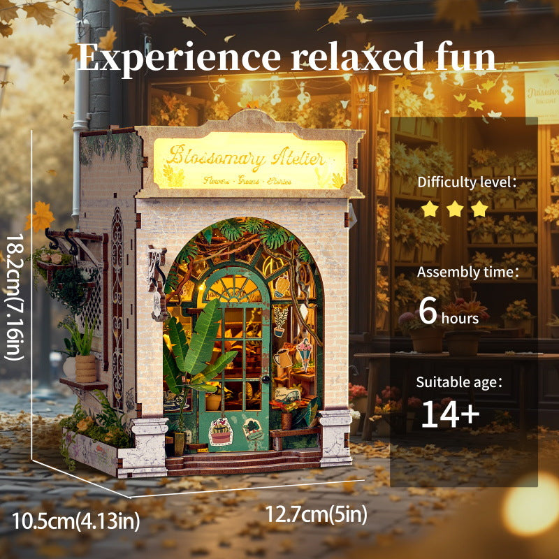 DIY 3D Wooden Miniature Flower Shop | Bookend Model Building Kit | Creative Gift for Teens & Adults